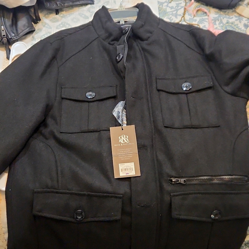 ROCK &REPUBLIC  black wool mens bomber jacket medium
